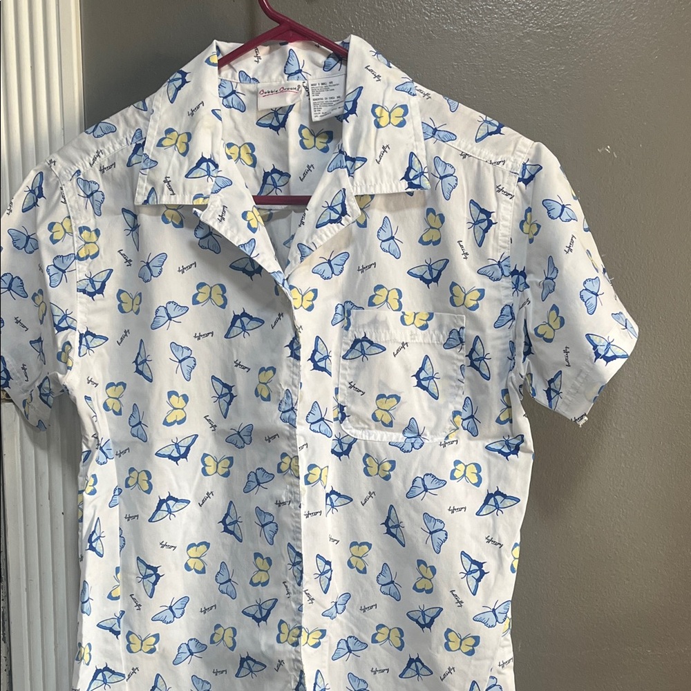 Women Bobbie Brooks White Shirt with Blue and Yellow Butterfly Print